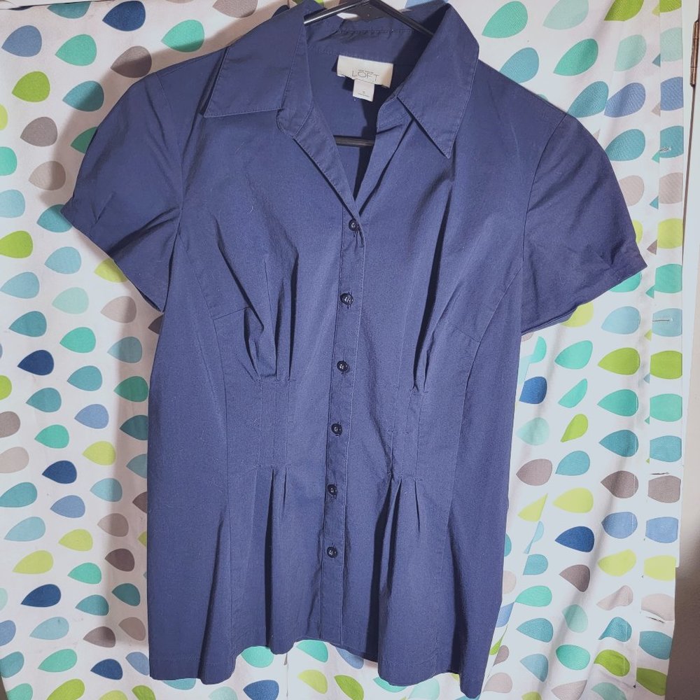Ann Taylor Loft - Form Fitted - Blue - Short Sleeve - Button Down Front - Blouse